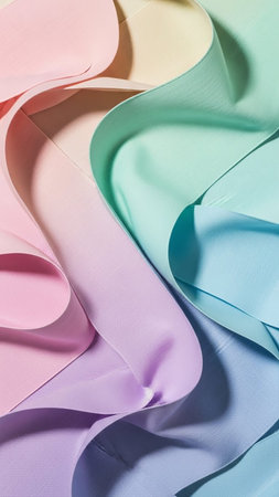 Soft pastel ribbons in pink, lavender, mint green, and blue gently curve and overlap, creating a dreamy, flowing visual with subtle light and shadow play.の素材