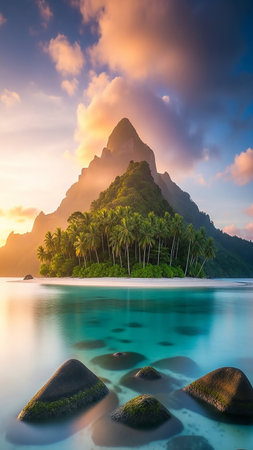 A dramatic sunset illuminates a lush green volcanic island rising from a vibrant turquoise lagoon with dark rocks in the foreground.の素材