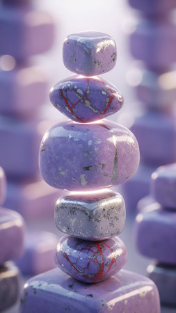 Aesthetic showing stacked polished purple stones with metallic silver veins and square grey stones create a balanced zen-like tower against a blurred background...の素材