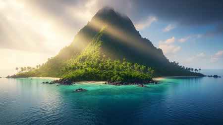 A lush green tropical island with a volcanic mountain peak, dramatically lit by sunbeams breaking through dark clouds over turquoise and deep blue ocean waters.の素材