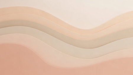 Smooth, layered abstract waves in soft pastel shades of peach, beige, and cream create a gentle, flowing organic background texture.の素材