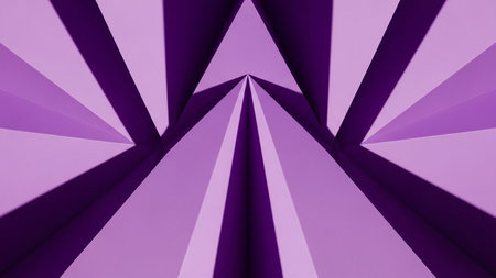 Symmetrical abstract composition of sharp purple triangular shapes radiating outwards, creating a dramatic and modern visual effect with strong lines.の素材