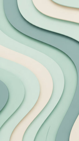 Abstract layered waves in soft pastel mint green and cream create a smooth, flowing organic pattern with subtle shadows and a gentle, serene aesthetic.の素材