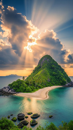 A dramatic sunset casts golden rays through clouds over a lush tropical island with a green mountain, sandy beach, and clear turquoise water.の素材