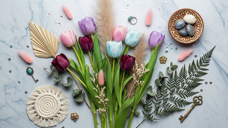 A colorful flat lay on a marble surface with tulips, dried foliage, pampas grass, keys, rings, and decorative trinkets creating a bohemian aesthetic.の素材