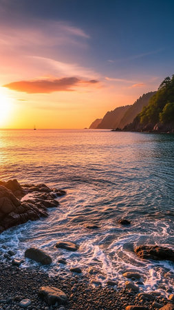 A sunset over a rocky coastline with gentle waves, a distant sailboat, and a forested hillside under a colorful sky.の素材