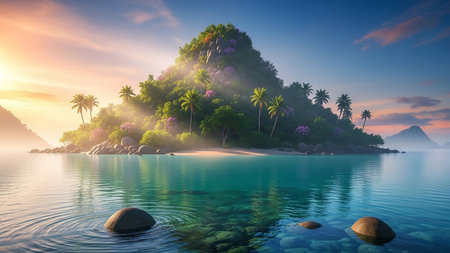 A small, lush tropical island with palm trees rises from calm turquoise water, bathed in the soft light of a sunset sky with hazy clouds.の素材