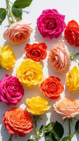 A vibrant collection of fresh roses in multiple colors like pink, yellow, and orange, artfully arranged on a clean white background.の素材