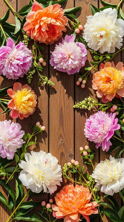 A vibrant circular arrangement of pink, orange, and white peonies with green foliage on a rustic wooden plank background.の素材