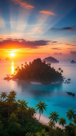 A sunset over a tropical island with lush palm trees lining a sandy beach and clear turquoise ocean water. Sun rays emanate from the horizon.の素材