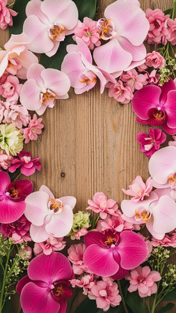 A vertical flat lay of a heart-shaped arrangement of pink and magenta orchids and small pink flowers on a textured wooden plank surface.の素材