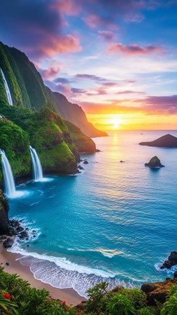 showing tropical island coastline at sunset with cascading waterfalls flowing into turquoise ocean waters and vibrant green cliffs. keywords: tropical,...の素材