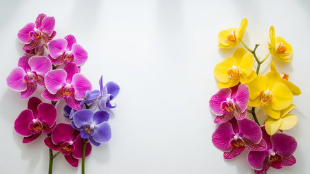 A vibrant display of pink, purple, and yellow orchid flowers arranged on a clean white background, showcasing their delicate petals and intricate details.の素材