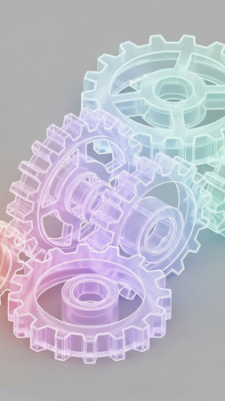 Background showing transparent interlocking gears with pastel gradient edges on a light gray background representing mechanical connection and abstract technology....の素材