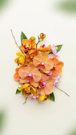 A vibrant arrangement of orange and yellow striped orchids with pink accents and green leaves is displayed on a pale cream background.の素材
