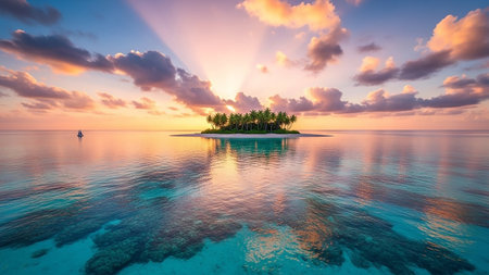 A tropical island at sunset, with a sailboat on the tranquil turquoise ocean reflecting the vibrant pink and orange hues of the sky and clouds.の素材