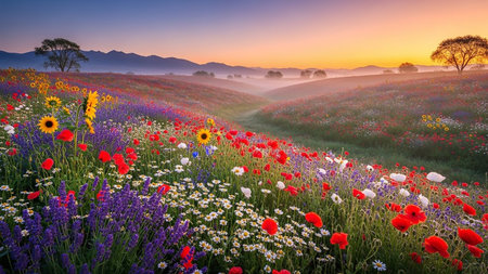 A vast field of colorful wildflowers including red poppies lavender and sunflowers stretches across rolling hills at sunrise with distant misty mountains.の素材