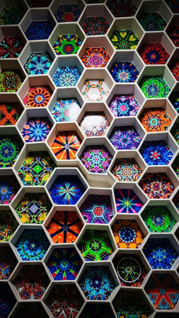 Energetic showing vibrant kaleidoscope of colorful intricate mandala patterns displayed within a hexagonal grid structure creating a visually stimulating and...の素材
