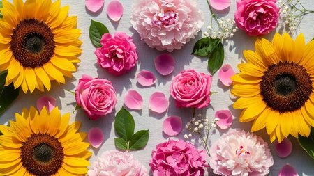 A bright flat lay composition featuring yellow sunflowers, pink roses, peonies, and hydrangeas with scattered petals and green leaves on a light gray textured surface.の素材
