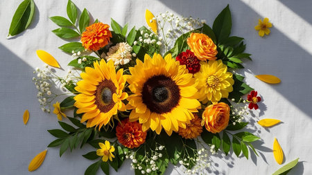 A vibrant overhead view of a rustic autumn flower arrangement. Sunflowers, dahlias, roses, and green leaves are artfully arranged on a textured surface with natural...の素材