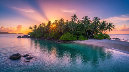 A tropical island paradise at sunset silhouetted palm trees on a sandy beach, with calm turquoise water reflecting the colorful sky.の素材