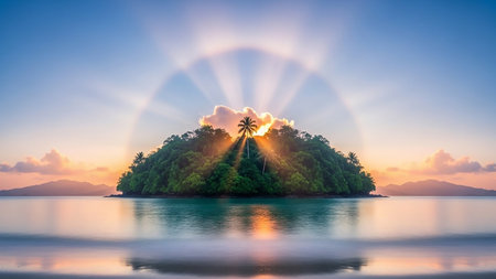 A lush tropical island with a solitary palm tree is illuminated by a sun halo and dramatic sunbeams during sunrise over calm, reflective turquoise ocean water.の素材