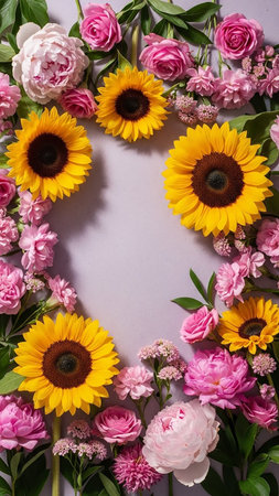 Floral showing vibrant arrangement of bright yellow sunflowers and delicate pink roses and peonies creating a floral border on a light purple background. keywords:...の素材