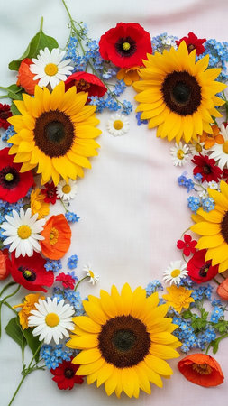 A vibrant frame composed of colorful summer flowers like sunflowers, poppies, daisies, and forget-me-nots arranged on a white cloth surface.の素材