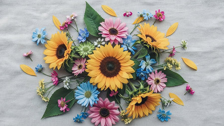 A cheerful flat lay arrangement of vibrant sunflowers, pink and blue daisies, and green leaves scattered on a textured linen fabric.の素材
