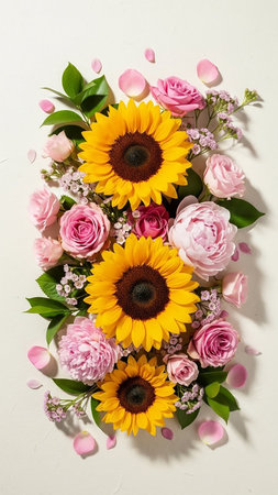 Background showing vertical arrangement of bright yellow sunflowers, soft pink roses, and delicate pink peonies with scattered pink petals on a light cream...の素材