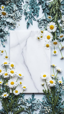A white marble square is framed by fresh daisy flowers and green foliage on a clean white background, creating a natural border.の素材