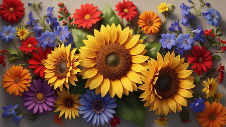 A vibrant bouquet of sunflowers daisies gerbera daisies and bluebells is arranged on a textured neutral fabric background in a lively floral display.の素材