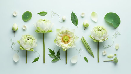 white lotus flowers and green leaves are symmetrically arranged on a pale blue background, creating a serene and minimalist composition.の素材