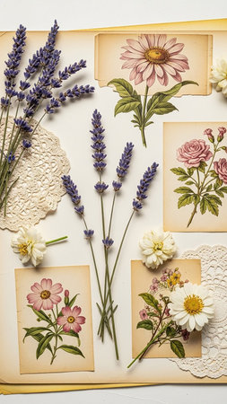 With showing vintage botanical of lavender roses daisies and other flowers arranged with lace on a cream colored background keywords: lavender, flowers, botanical,...の素材