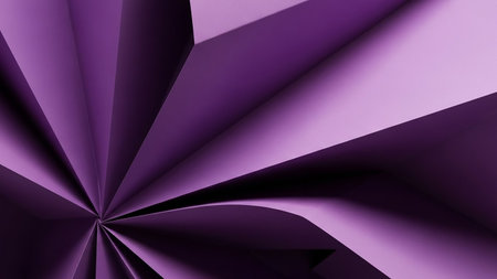 Abstract purple paper folds create a dynamic radial sunburst pattern with sharp creases and smooth curves, showcasing light and shadow.の素材