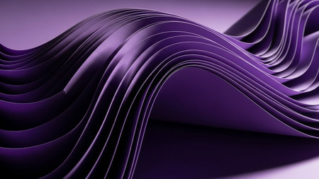Abstract, smooth, and swirling waves are formed by layers of deep purple paper, creating a dynamic and visually rich texture with subtle light play.の素材