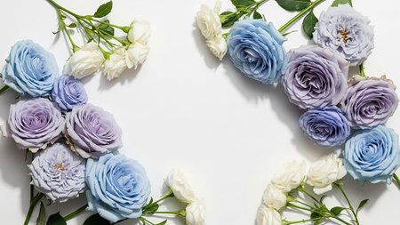 Arrangement showing arrangement of soft blue, lavender, and white roses with green stems on a white background. resolution use.の素材