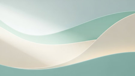 Abstract flowing waves of soft pastel mint green and cream colors create a serene and gentle visual landscape with smooth curves and subtle light and shadow play.の素材