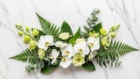 An artful arrangement of white orchids, green ferns, eucalyptus, and yellow flowers is presented on a white marble surface.の素材