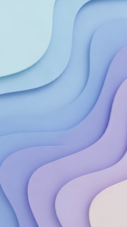 Abstract background featuring smooth, layered, wavy shapes in soft pastel shades of light blue, lavender, and pale pink.の素材
