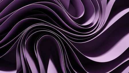 Abstract swirling waves of soft purple paper create a smooth, and undulating texture, forming an organic and flowing background with subtle light and shadow.の素材