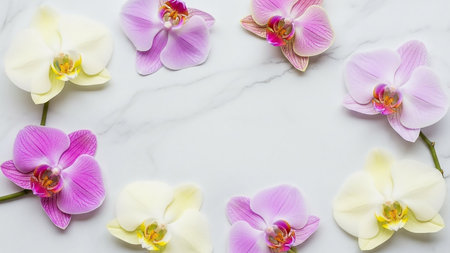 Delicate pink and pale yellow orchid flowers are arranged in a circular frame on a white marble surface with soft lighting.の素材