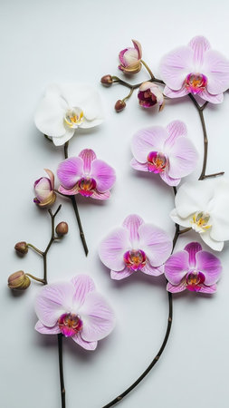 Bloom showing assortment of delicate pink and white phalaenopsis orchids with buds arranged artistically on a clean white background showcasing their intricate...の素材