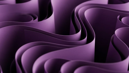 Abstract flowing ribbons of deep purple paper create a textured, undulating wave pattern with dramatic light and shadow play.の素材