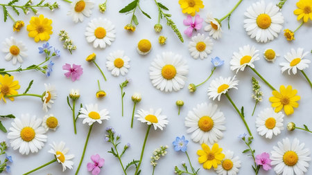 Bloom showing assortment of fresh white daisies yellow buttercups and small pink and blue wildflowers scattered across a light blue background in a flat lay...の素材