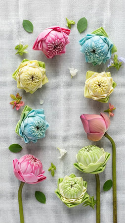 Decorative showing assortment of vibrant folded fabric lotus flowers in pink yellow blue and green arranged artistically with small green leaves and delicate white...の素材