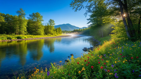 A clear blue river winds through a vibrant green forest, bordered by colorful wildflowers and distant misty mountains under a bright, sunny sky.の素材