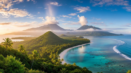 Tropical showing aerial view of a tropical island paradise with lush green mountains, white sand beaches, turquoise ocean water, and dramatic clouds at sunrise...の素材