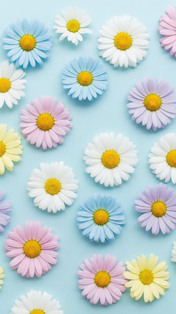A cheerful arrangement of pastel-colored daisy flowers including blue, pink, yellow, and white, scattered on a light blue surface.の素材