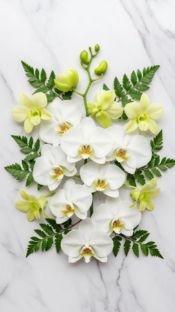 (7376) showing arrangement of white and pale yellow phalaenopsis orchids with vibrant green fern leaves on a white marble surface creating a botanical flat lay...の素材